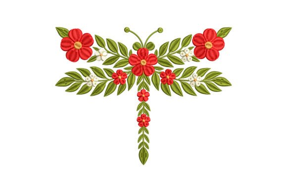Floral Dragonfly with Red Flowers: A Festive Embroidery Design