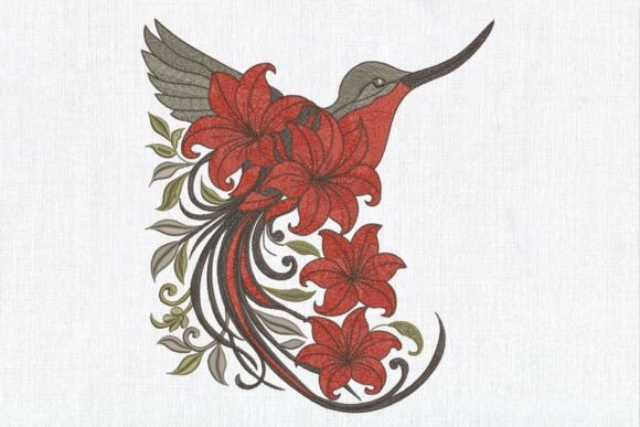 Floral Red Lily Hummingbird: A Festive Embroidery Design