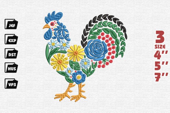 Vibrant Folk Art Rooster Embroidery Design
